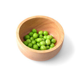 Peas green seeds (Pisum sativum) in wooden bowl isolated on white background