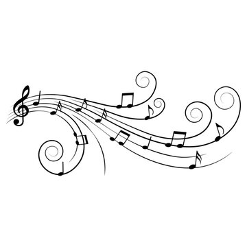 Music notes, ornamental musical element with swirls, vector illustration.