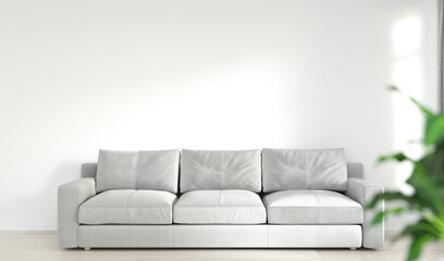 The sofa is in the living room in front of the empty wall 3d rendering, wall mockup, modern home design, mockup element for graphic design.