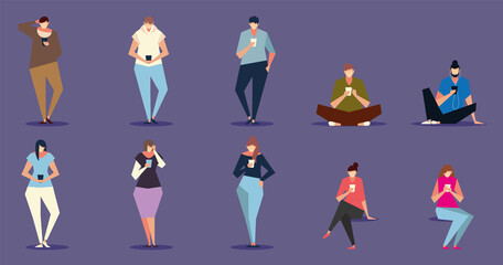 set of people with smartphones in their hands, people and gadgets