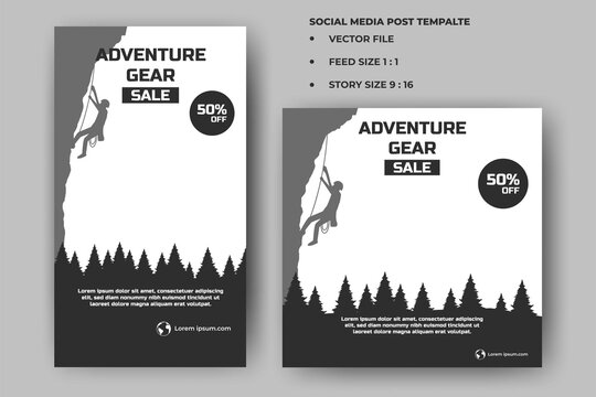 Set of Editable square banners. Outdoor store promotion banner. Illustration of silhouette climber and tree. Usable for social media feed, story, and banners. Vector design with space for the photo.