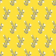 Pattern with stylized leaves and white flowers. Yellow background. Simple minimalistic drawing. Vector illustration for wrapping paper, scrapbooking, fabric and decor.
