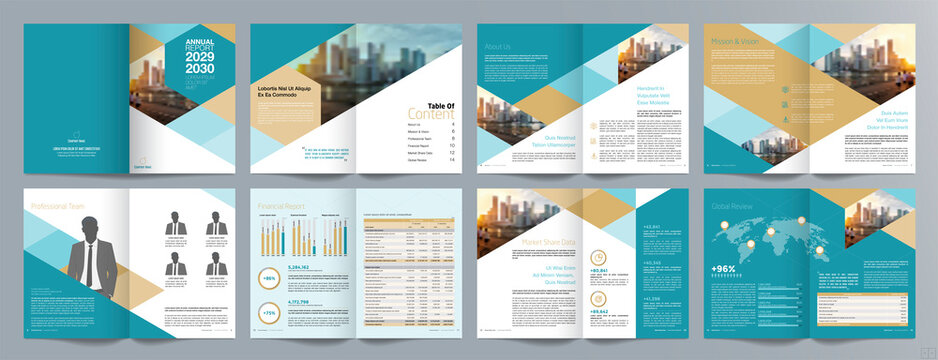 Corporate business presentation guide brochure template, Annual report, 16 page minimalist flat geometric business brochure design template, A4 size.