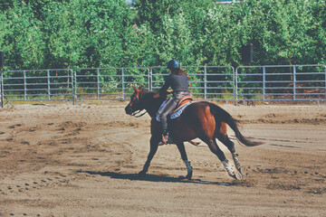 A rider drives his horse during a equestrian competition