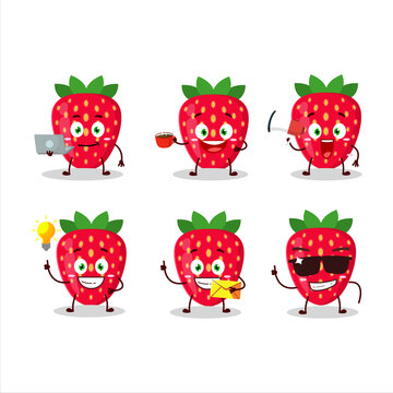 Strawberry cartoon character with various types of business emoticons