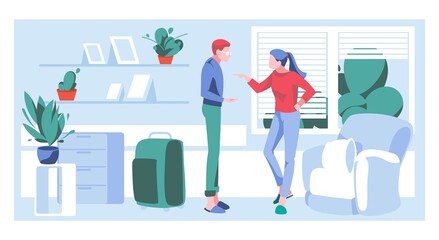 Family conflict between spouses. Couple quarreling and yelling at each other. Divorcing couple, relationship breakup. One of partners packing suitcase and leaving family flat vector illustration