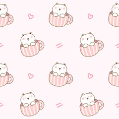 Seamless Pattern with Cute Cartoon White Bear in Coffee Cup Illustration Design on Light Pink Background