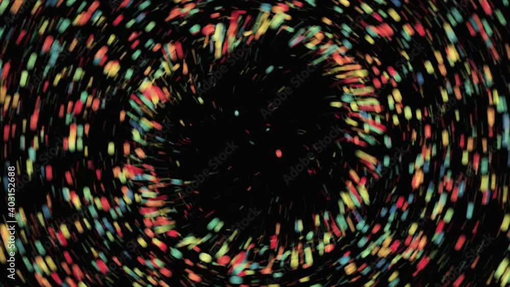 Poster colorful dots of light moving slowly on black background bokeh. animation. flying from the bokeh clo