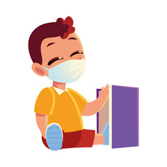 Back to school of boy kid with medical mask and notebook vector design