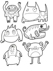 A illustration of monster creatures in line art scribble drawing style.