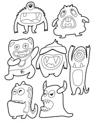 A illustration of monster creatures in line art scribble drawing style.