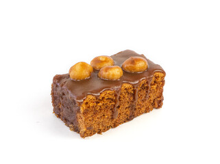 Piece of Hazelnut Cake on white background. Healthy Chocolate cake from hazelnut. Isolated picture.