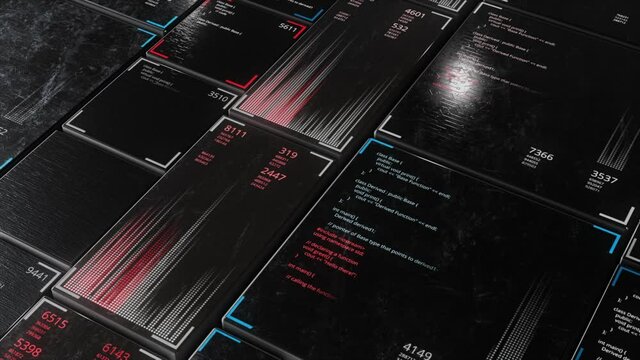 Vertical moving panels with running lines of code. Animation. Java programming language on the abstract rows of panels, seamless loop.