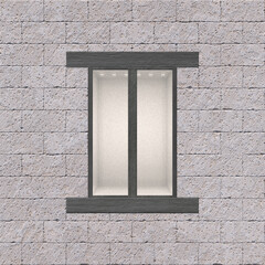 Close-up of a window on a basalt brick facade. Grey brick wall background 3D-rendering