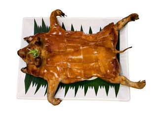 Delicious suckling pig on a white square plate on a white background