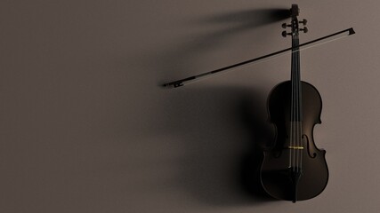 Brown classic violin on brown plate under spot lighting background. 3D sketch design and illustration. 3D high quality rendering. 3D CG. © DRN Studio