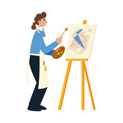 Fototapeta premium artistic female in apron drawing picture use paintbrush and palette color