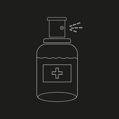 Antibacterial, disinfectant or medical product bottle. Pharmacy. Spray icon to protect hands or surfaces from bacteria and viral infections. White isolated lines on a black background. Vector. Flat 

