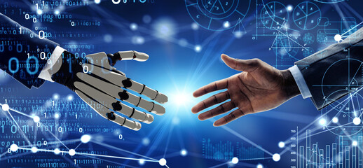 人間と握手するロボット　科学技術イメージ