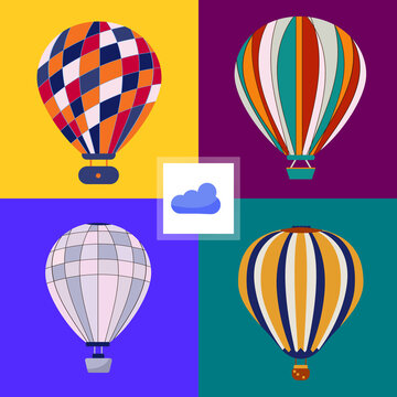 Set of 4 balloons. Bright multicolored balloon elements. Transport for entertainment, festivals, travel, recreation or sports at altitude. Isolated element on a white background. Vector image. Flat

