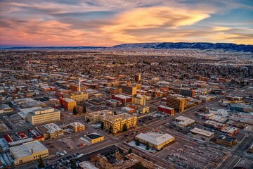 Aerial View of Downtown Casper, Wyoming at Dusk on Christmas Day