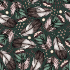 Pattern with feathers. Abstract theme, gray and green feather. Watercolor isolated illustration on green background. Seamless pattern, an illustration for postcards, posters, textile design and other.