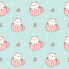 Seamless Pattern with Cartoon Bear in Coffee Cup, Cherry and Star Illustration Design on Pastel Green Background