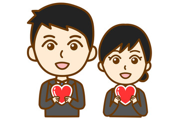 ハートマークを持ったリクルートスーツ姿の男女の上半身イラスト