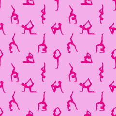 Seamless pattern of silhouettes of woman doing yoga poses on pink background. Feminine pattern for textile, wallpaper, cards. Vector illustration.