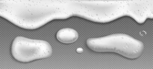 Soap foam with bubbles, white suds of detergent, cleaning gel or shampoo isolated on transparent background. Vector realistic illustration of froth in laundry, bath or shower
