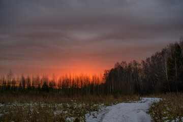 sunset over the forest. the textured sky with clouds is painted in a bright red color. there is snow on the road, trees without leaves. early autumn with the first snow