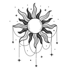 Fototapeta na wymiar Modern symbol of the sun with jewelry, stylized drawing, engraving. Vintage mystical design in boho style, logo, tattoo. Vector illustration isolated on white.