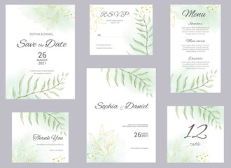 Watercolor wedding invitation cards. Greenery poster, invite. Elegant wedding invitation with watercolor green and gold floral elements.