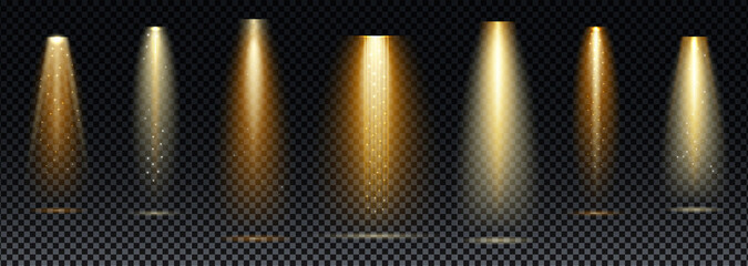 Gold spotlight. Bright lighting with spotlights of the stage on transparent background.