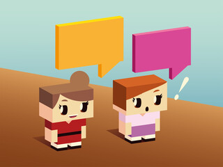 cute girls talking characters cartoon, isometric style
