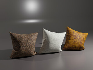 Three pillows with a texture of natural stone marble and granite on a gray background. Abstract illustration. 3d rendering