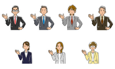 手のひらで案内するビジネスマンとビジネスウーマンの上半身のセット
