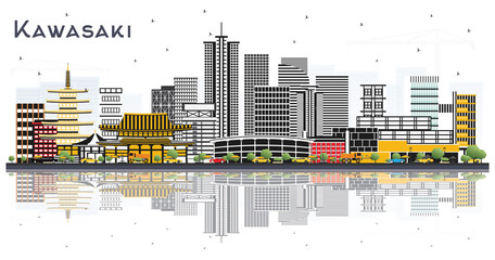 Kawasaki Japan City Skyline with Color Buildings and Reflections Isolated on White.