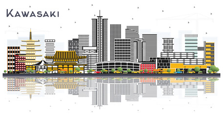 Fototapeta premium Kawasaki Japan City Skyline with Color Buildings and Reflections Isolated on White.