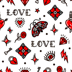 Valentine's Day in old school style seamless pattern. Vector illustration. Design For Valentine's Day, Stilts, Wrapping Paper, Packaging, Textiles