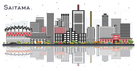 Saitama Japan City Skyline with Color Buildings and Reflections Isolated on White.