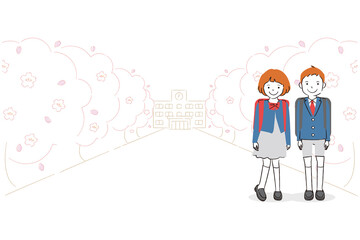 手書き線画カラーイラスト　小学生の男女の学生が桜並木に立っている