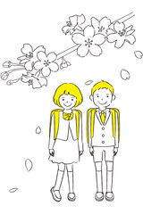 手描き1color 　入学式　桜とランドセルを背負った男の子と女の子