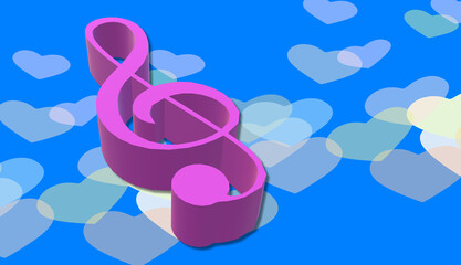 3D illustration of G-clef design. Musical symbol. Graphic design with random hearts background.