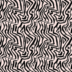 Seamless hand drawn ink pattern. Creative endless background with blots. Abstract striped texture with bold monochrome lines