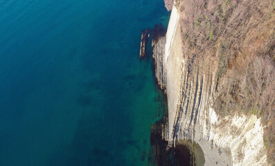 Beautiful aerial panorama view of the bizarre rock shape and the sea. Kiselev Rock, Tuapse, Russia.