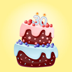 Thirty years birthday cake with candles number 30. Cute cartoon festive vector image. Chocolate biscuit with berries, cherries and blueberries. Happy Birthday illustration