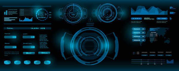 Interface HUD, GUI. Modern target auto-guidance system. Tilt scope sight in futuristic virtual display design. Target screen for video games. Techno target