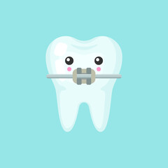 Tooth with a brace with emotional face, cute colorful vector icon illustration. Cartoon flat isolated image