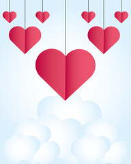 happy valentines day hanging hearts love on clouds sky background card